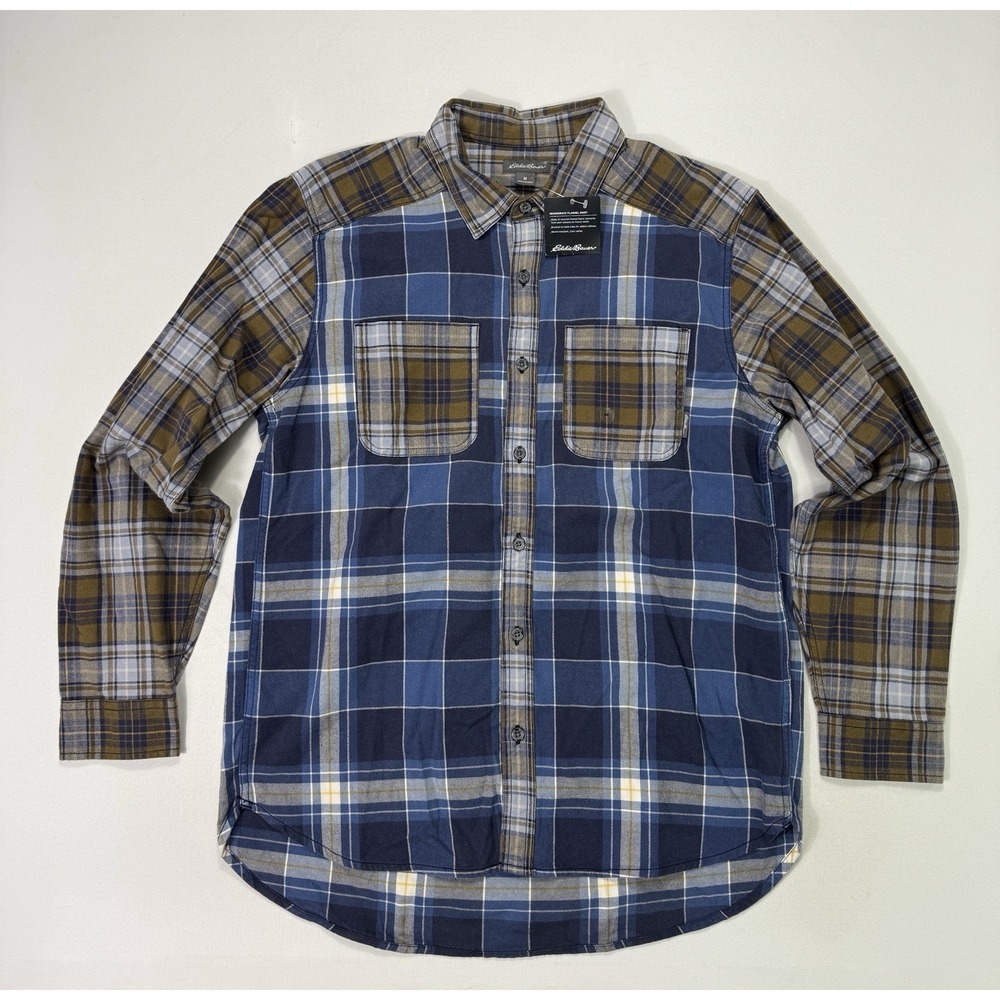 Eddie Bauer Regenerate Flannel Shirt Mens Medium NWT Blue Plaid Color Block M
